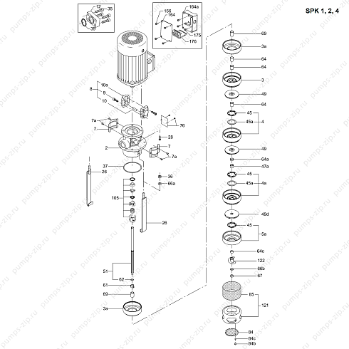 Деталировка вертикальных полупогружных насосов Grundfos SPK 1, 2, 4.
