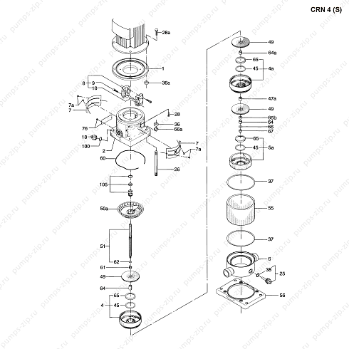 Деталировка вертикального многоступенчатого насоса Grundfos CRN 4 (S)