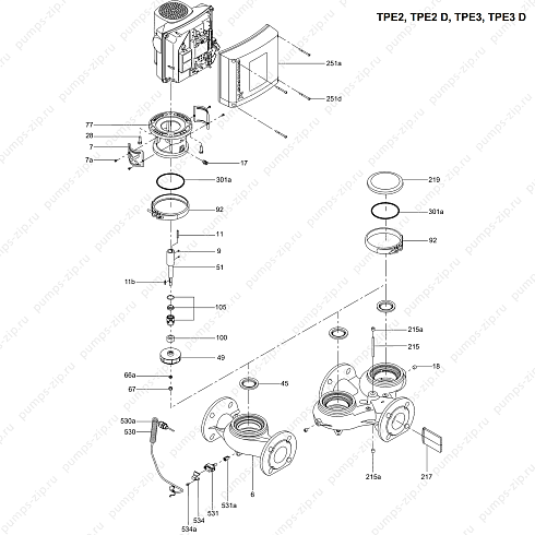 Деталировка одноступенчатых насосов ин-лайн Grundfos TPE(D) 2, 3