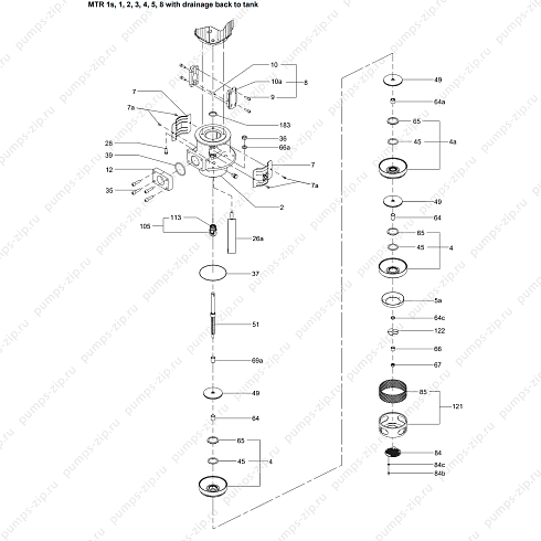 взрыв-схема вертикальных многоступенчатых насосов Grundfos MTR 1s, 1, 2, 3, 4, 5, 8