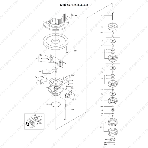 взрыв-схема вертикальных многоступенчатых насосов Grundfos MTR 1s, 1, 2, 3, 4, 5, 8
