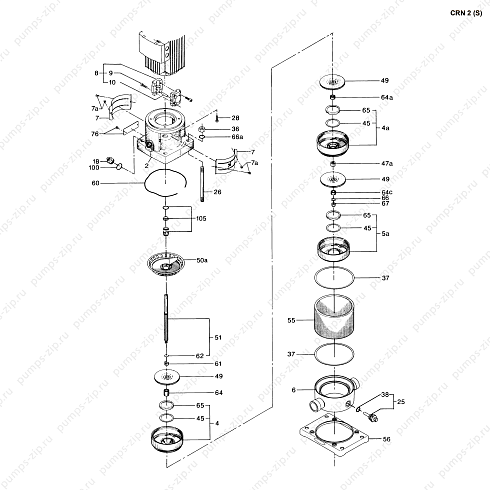 Деталировка вертикального многоступенчатого насоса Grundfos CRN 2 (S)