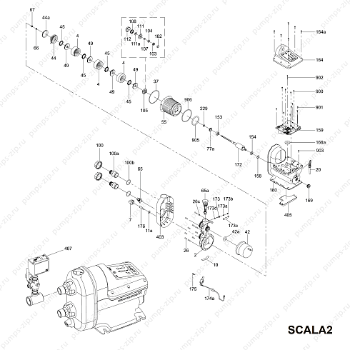 взрыв-схема самовсасывающей насосной установки Grundfos SCALA2